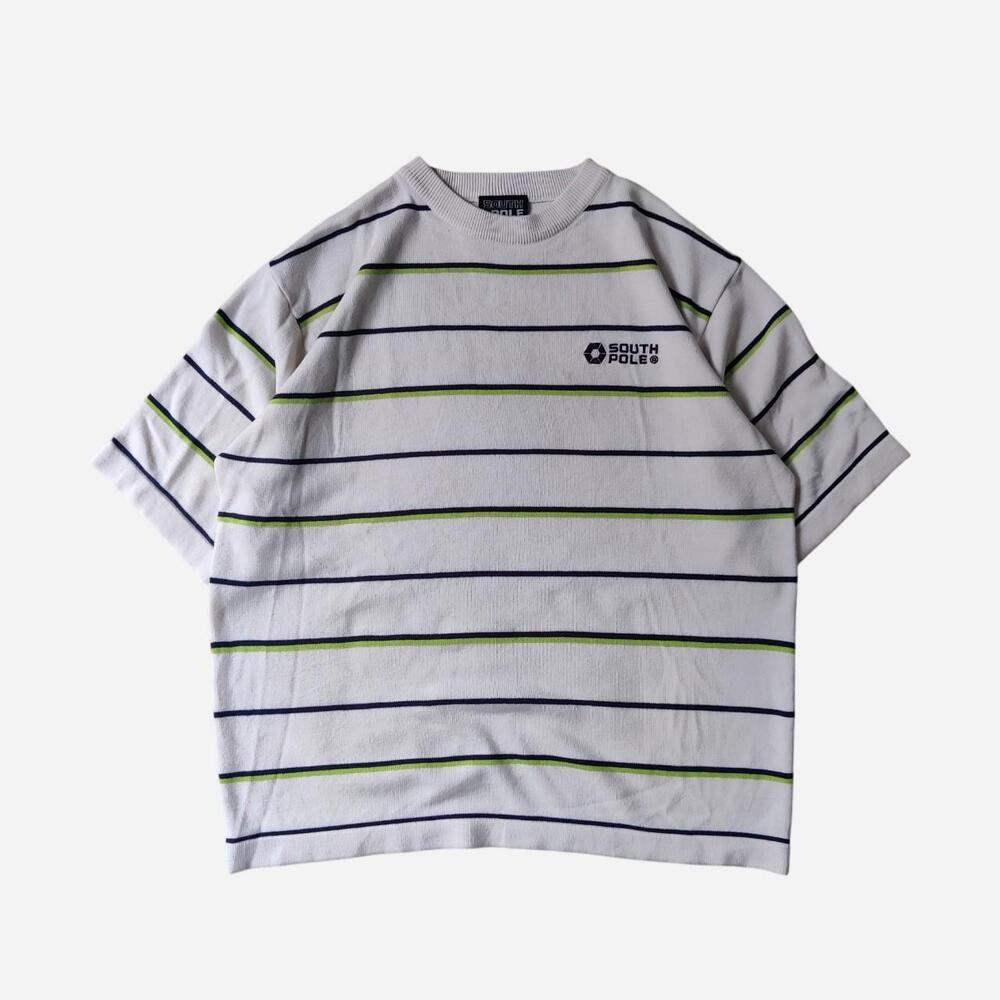Vintage Southpole white striped knit tee with navy and lime green stripes
